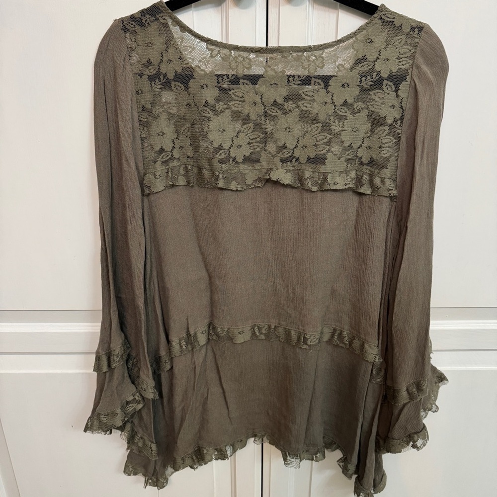 Lace Trim Olive Green Peasant Top. Size M. Cottagecore boho lightweight festival - Picture 5 of 5